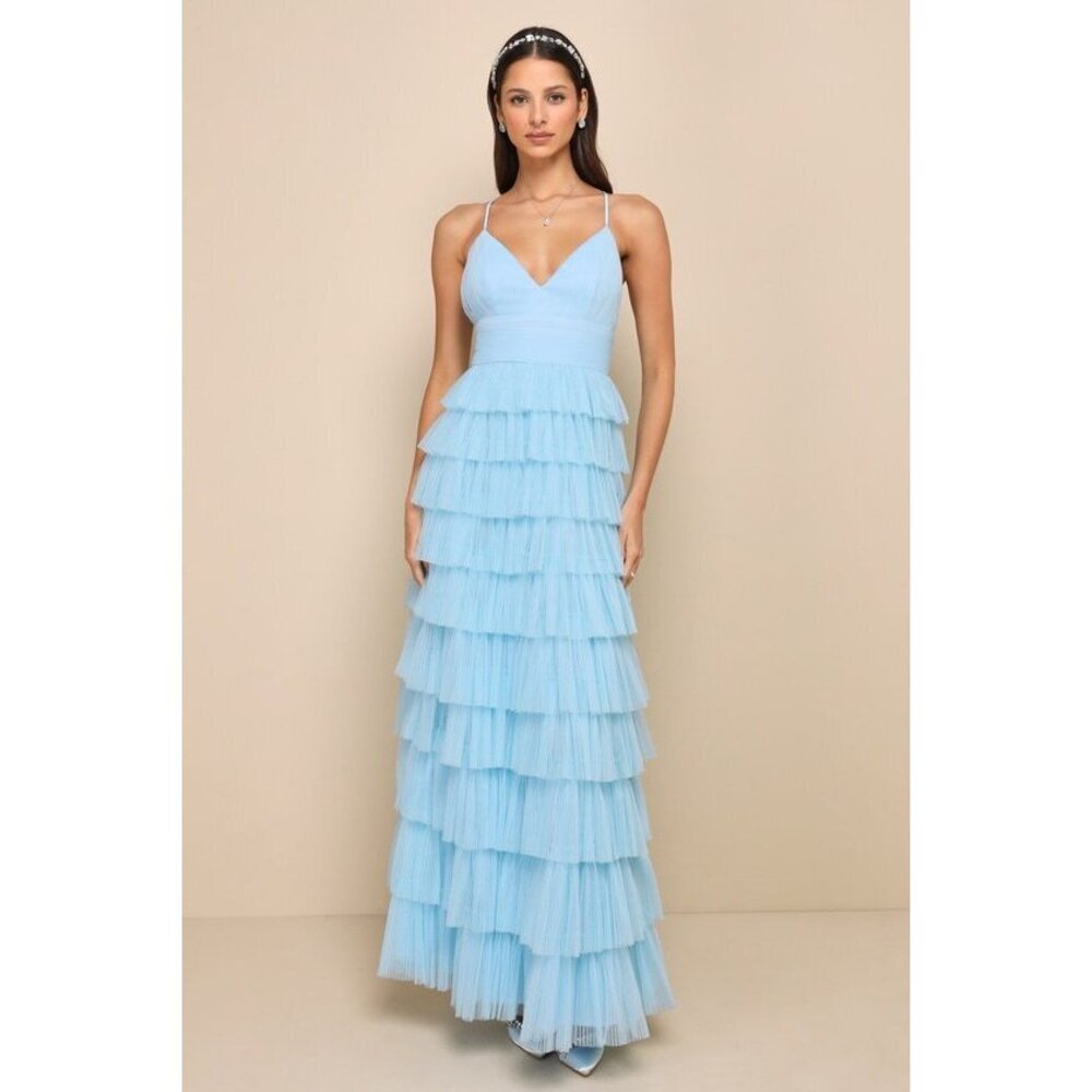 Lulus Radiant Event Light Blue Mesh Tiered Pleated Backless Maxi Dress - Size S